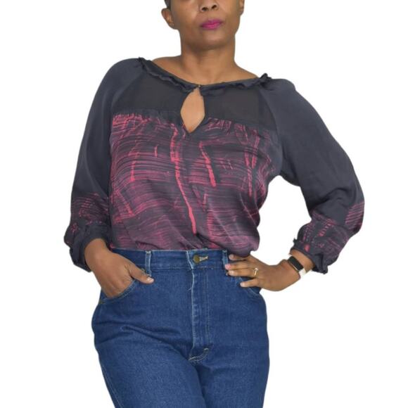 Gypsy 05 Silk Blouse Black Tunic Keyhole Ruffle Collar Top Tie Dye Boho Size XS - Picture 10 of 15